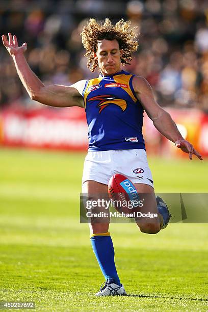 Matt Priddis of the Eagles kicks the ball during the round 12 AFL match between the Hawthorn Hawks and the West Coast Eagles at Aurora Stadium on...