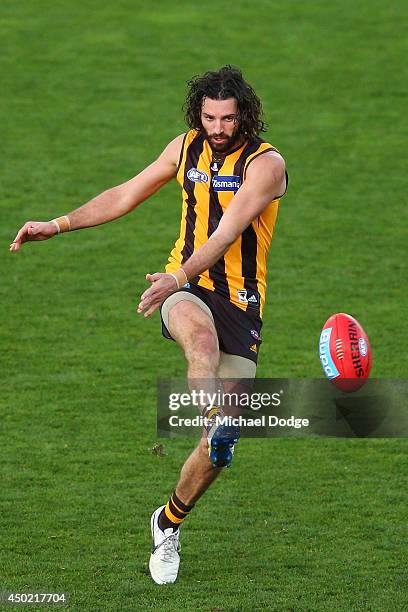 Matt Spangher of the Hawks kicks the ball during the round 12 AFL match between the Hawthorn Hawks and the West Coast Eagles at Aurora Stadium on...