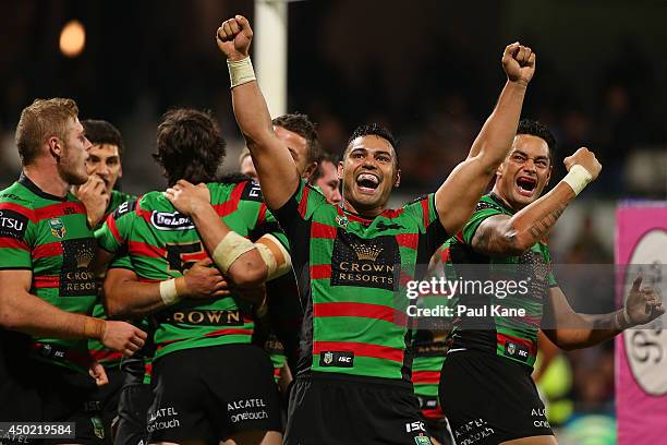 Ben Te'o of the Rabbitohs celebrates Joel Reddy's try during the round 13 NRL match between the South Sydney Rabbitohs and the New Zealand Warriors...