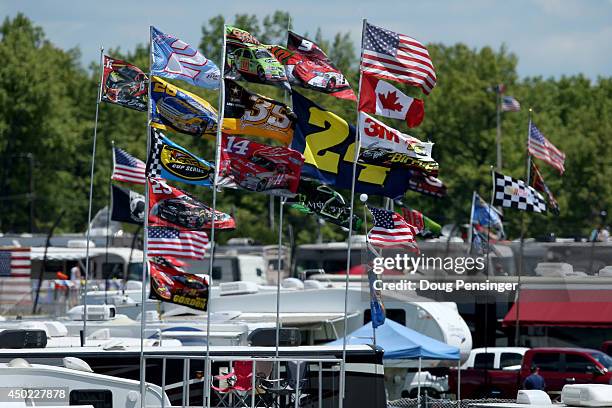 View of flags in the infield during practice for the NASCAR Sprint Cup Series Pocono 400 at Pocono Raceway on June 7, 2014 in Long Pond, Pennsylvania.