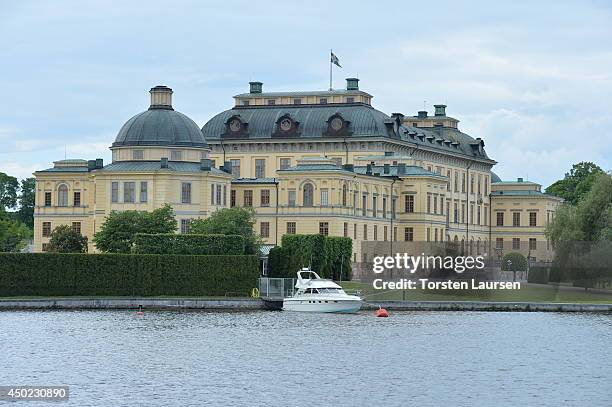 The kingCarl Gustav's boat is moored outside Drottningholm Castle during preparations for Princess Leonore's Royal Christening on june 7, 2014 in...