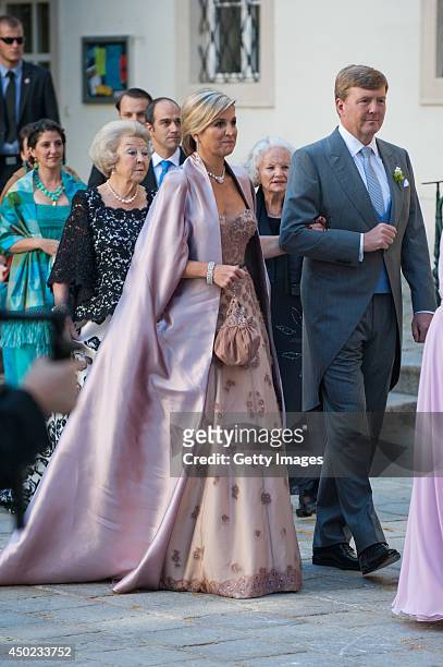 Princess Beatrix of The Netherlands, King Willem-Alexander and Queen Maxima of The Netherlands attend Juan Zorreguieta and Andrea Wolf's wedding at...