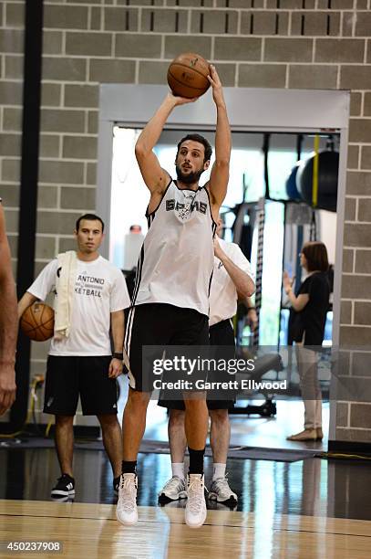 Marco Belinelli of the San Antonio Spurs addresses the media during media availability as part of the 2014 NBA Finals on June 7, 2014 at the Spurs...