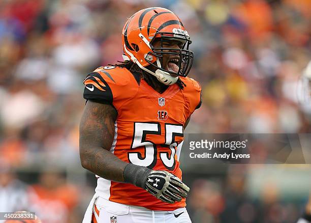 Vontaze Burfict of the Cincinnati Bengals celebrates during the NFL game against the Cleveland Browns at Paul Brown Stadium on November 17, 2013 in...