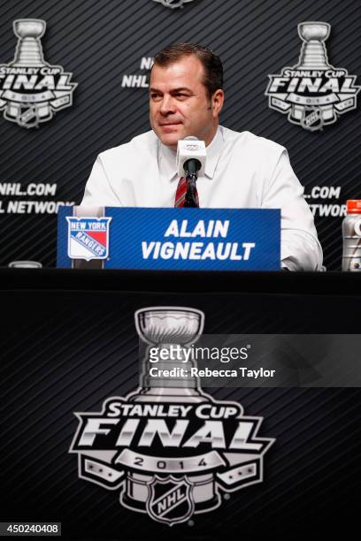 Head coach Alain Vigneault of the New York Rangers speaks to the media before Game Two of the 2014 Stanley Cup Final against the Los Angeles Kings at...