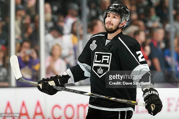 Slava Voynov of the Los Angeles Kings warms up before Game Two of the 2014 Stanley Cup Final against the New York Rangers at Staples Center on June...