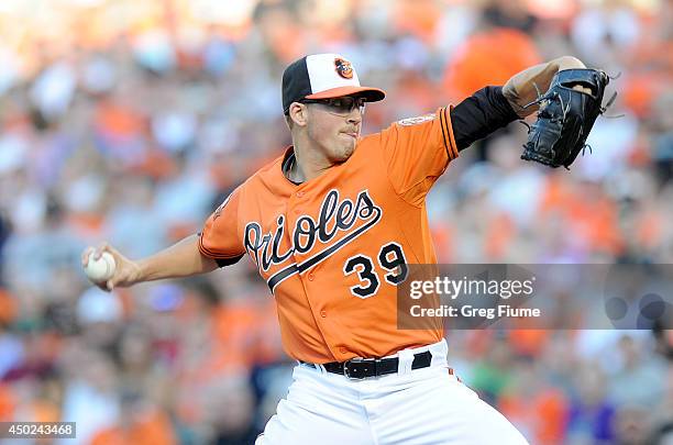 Kevin Gausman of the Baltimore Orioles pitches in the first inning against the Oakland Athletics at Oriole Park at Camden Yards on June 7, 2014 in...