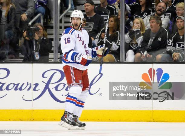 Derick Brassard of the New York Rangers celebrates his second period goal against the Los Angeles Kings during Game Two of the 2014 NHL Stanley Cup...