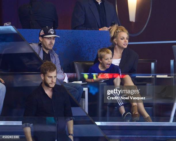 David Lucado, Jayden James Federline and Britney Spears attend a hockey game between the New York Rangers and the Los Angeles Kings in Game Two of...