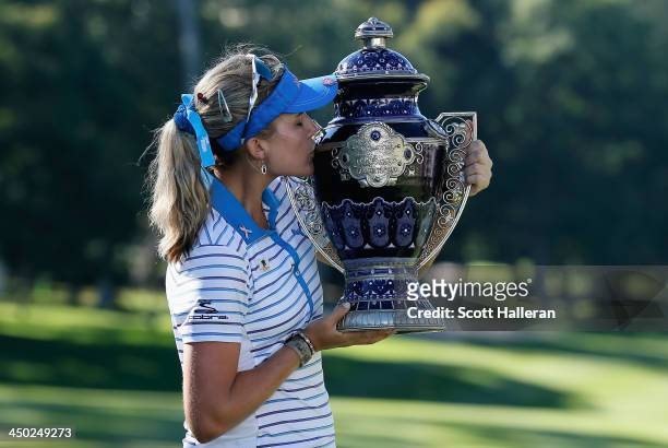 Lexi Thompson of the USA kisses the winner's trophy after her one-stroke victory at the Lorena Ochoa Invitational Presented by Banamex at the...