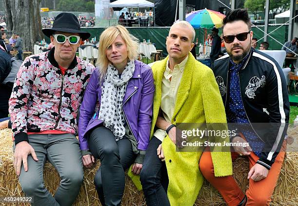 Musicians Chris Allen, Elaine Bradley, Tyler Glenn and Branden Campbell pose backstage during Chipotle's Cultivate San Francisco: Food, Music and...