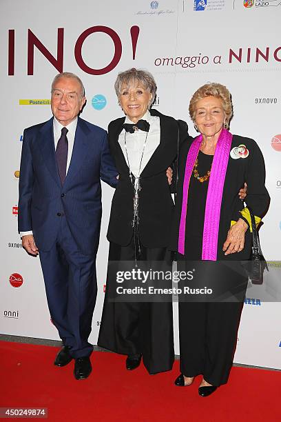 Gianni Letta, Erminia Ferrari and Maddalena Marignetti attend the Homage To Nino Manfredi photocall at Auditorium della Conciliazione on June 7, 2014...