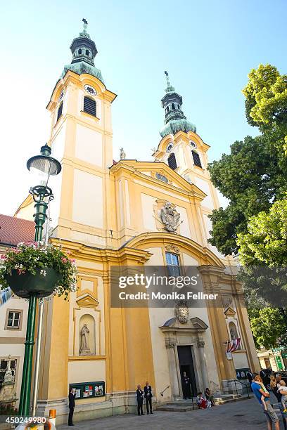 June 07: Juan Zorreguieta and Andrea Wolf get married at Servite Church on June 07, 2014 in Vienna, Austria.