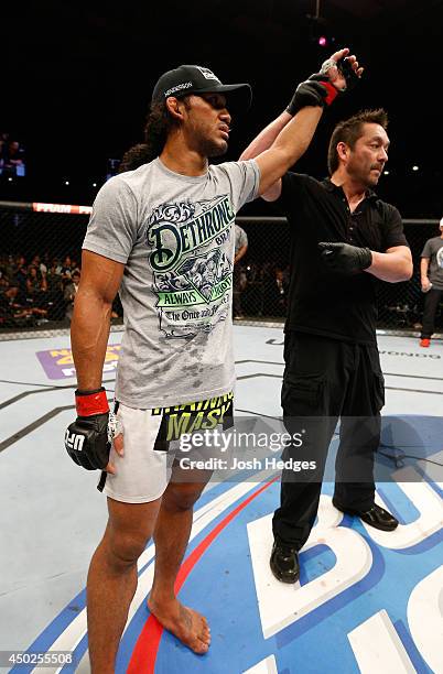 Benson Henderson reacts after his submission victory over Rustam Khabilov in their lightweight fight during the UFC Fight Night event at Tingley...