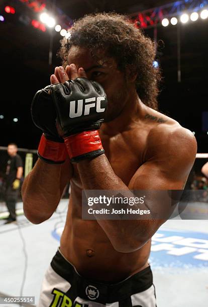 Benson Henderson reacts after his submission victory over Rustam Khabilov in their lightweight fight during the UFC Fight Night event at Tingley...