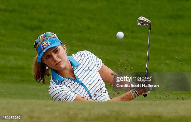 Lexi Thompson of the USA plays a bunker shot on the tenth hole hole during the final round of the Lorena Ochoa Invitational Presented by Banamex at...