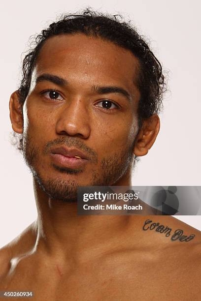 Benson Henderson poses for a portrait backstage after his victory over Rustam Khabilov during the UFC Fight Night event at Tingley Coliseum on June...