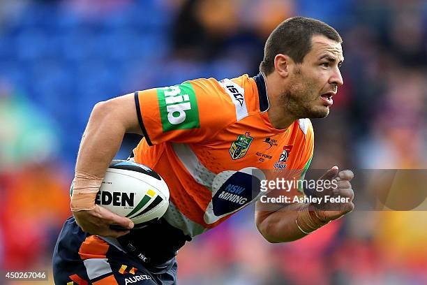 James McManus of the Knights in action during the round 13 NRL match between the Newcastle Knights and the Wests Tigers at Hunter Stadium on June 8,...