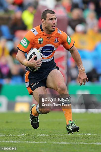 James McManus of the Knights in action during the round 13 NRL match between the Newcastle Knights and the Wests Tigers at Hunter Stadium on June 8,...