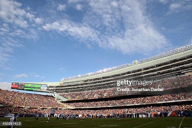 General view of Soldier Field after strong storms cleared the area and play resumed between the Chicago Bears and the Baltimore Ravens after a...