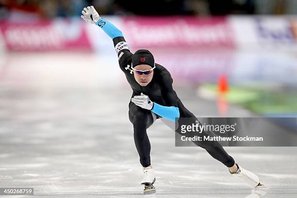 Tucker Fredricks skates in the men's 500 meter during the Essent ISU Long Track World Cup at the Utah Olympic Oval on November 17, 2013 in Salt Lake...