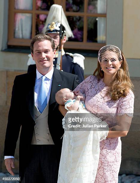 Princess Madeleine, husband, Christopher O'Neill and Princess Leonore attend the Christening of Princess Leonore at The chapel at Drottningholm...
