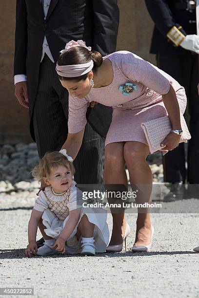 Princess Estelle and Princess Victoria of Sweden as they leave for her Royal Christening of princess Leonore at Drottningholm Palace Chapel on June...