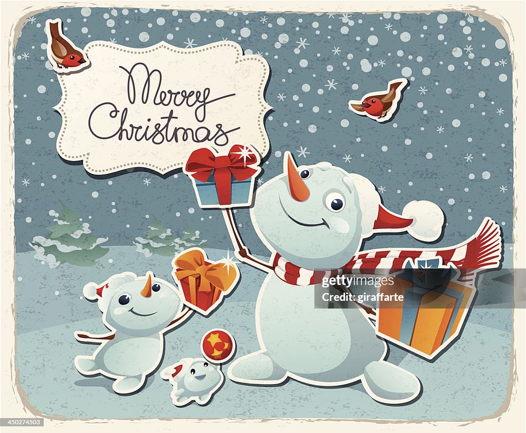 New Year card with Funny Snowmen in vintage style