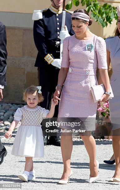 Crown Princess Victoria of Sweden and Princess Estelle of Sweden attend the Christening of Princess Leonore of Sweden at the Royal Chapel, at...