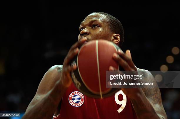 Deon Thompson of Muenchen in action during theBeko BBL Playoff Final Game 1 between FC Bayern Muenchen and ALBA Berlin at Audi-Dome on June 8, 2014...