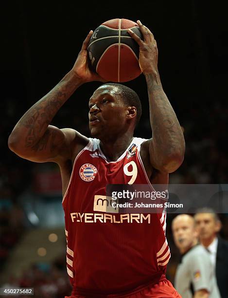 Deon Thompson of Muenchen in action during theBeko BBL Playoff Final Game 1 between FC Bayern Muenchen and ALBA Berlin at Audi-Dome on June 8, 2014...