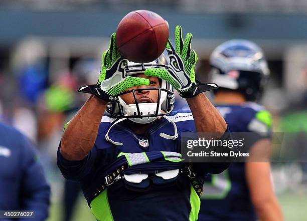 Wide receiver Percy Harvin of the Seattle Seahawks warms up before the game against the Minnesota Vikings at CenturyLink Field on November 17, 2013...