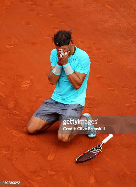 Rafael Nadal of Spain celebrates match point during his men's singles final match against Novak Djokovic of Serbia on day fifteen of the French Open...