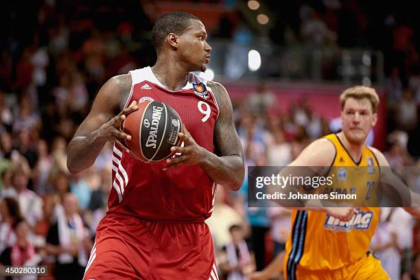 Deon Thompson of Muenchen in action during theBeko BBL Playoff Final Game 1 between FC Bayern Muenchen and ALBA Berlin at Audi-Dome on June 8, 2014...