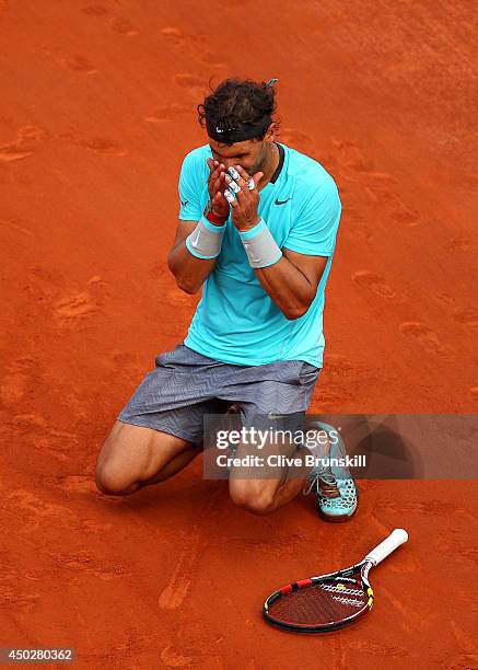 Rafael Nadal of Spain celebrates match point during his men's singles final match against Novak Djokovic of Serbia on day fifteen of the French Open...