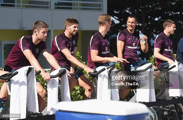 In this handout image supplied by the FA, Gary Cahill, Steven Gerrard, Joe Hart, Phil Jagielka and James Milner of England take part in a recovery...