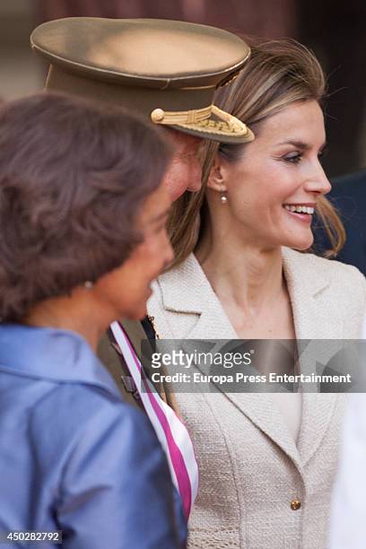 Queen Sofia of Spain, King Juan Carlos of Spain and Princess Letizia attend parade during Spanish Armed Forces Day on June 8, 2014 in Madrid, Spain.