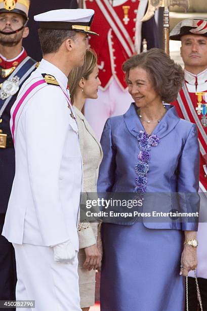 Queen Sofia of Spain, Prince Felipe of Spain and Princess Letizia attend parade during Spanish Armed Forces Day on June 8, 2014 in Madrid, Spain.