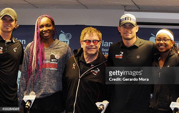 Robert Kendrick, Venus Williams, Sir Elton John, Andy Roddick and Vicky Duval pose after a press conference for Mylan World TeamTennis at ESPN Wide...