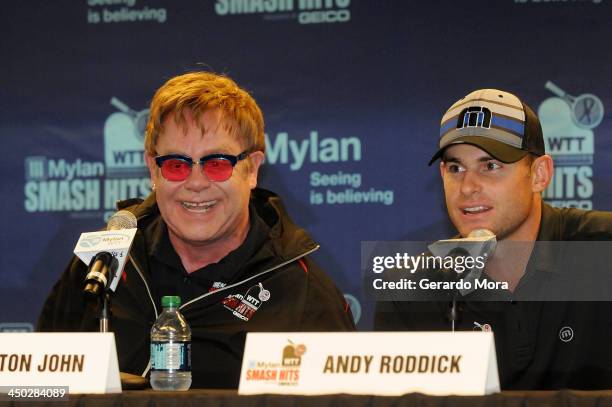 Singer Sir Elton John and Tennis player Andy Roddick smile during the press conference for Mylan World TeamTennis at ESPN Wide World of Sports...