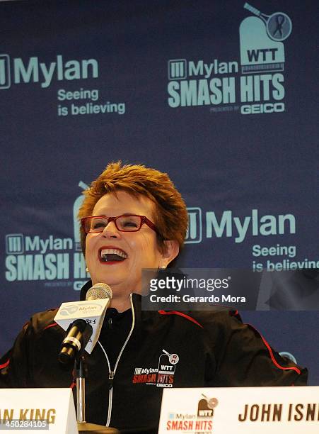 Tennis legend Billie Jean King smiles during the press conference for Mylan World TeamTennis at ESPN Wide World of Sports Complex on November 17,...