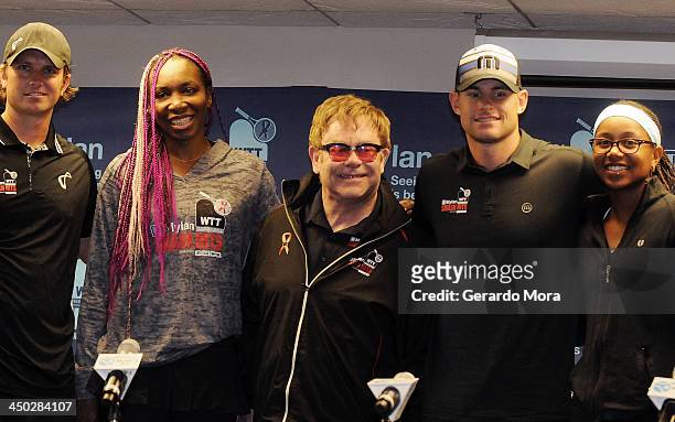 Robert Kendrick, Venus Williams, Sir Elton John, Andy Roddick and Vicky Duval pose after a press conference for Mylan World TeamTennis at ESPN Wide...