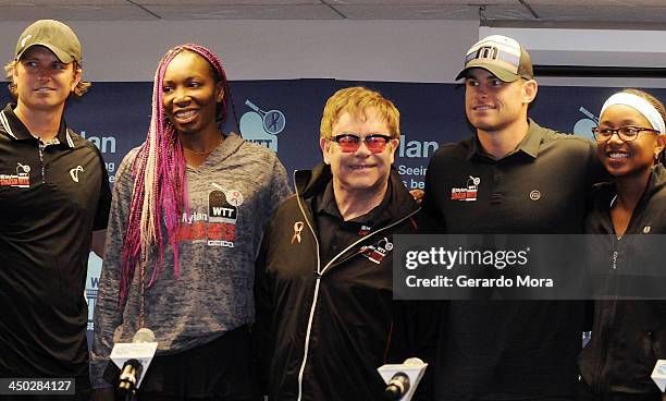 Robert Kendrick, Venus Williams, Sir Elton John, Andy Roddick and Vicky Duval pose after a press conference for Mylan World TeamTennis at ESPN Wide...