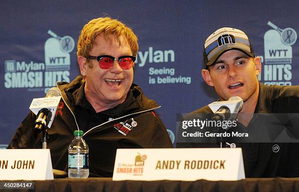 Singer Sir Elton John and Tennis player Andy Roddick smile during the press conference for Mylan World TeamTennis at ESPN Wide World of Sports...