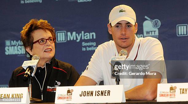 Tennis legend Billie Jean King and tennis player John Isner attend the press conference for Mylan World TeamTennis at ESPN Wide World of Sports...