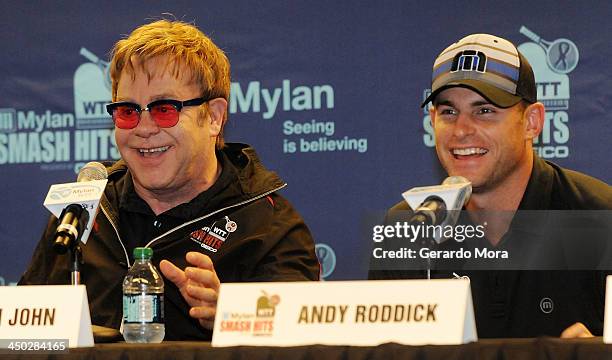 Singer Sir Elton John and Tennis player Andy Roddick smile during the press conference for Mylan World TeamTennis at ESPN Wide World of Sports...