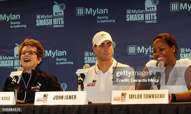 Tennis legend Billie Jean King , John Isner and Taylor Townsend attend the press conference for Mylan World TeamTennis at ESPN Wide World of Sports...