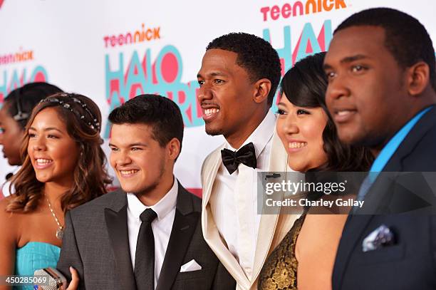 Host Nick Cannon with honorees Miranda Fuentes, Zachary Kerr, Rocio Ortega and Denzel Thompson arrive at the 5th Annual TeenNick HALO Awards at...