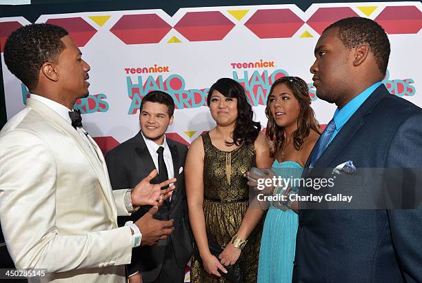 Host Nick Cannon with honorees Zachary Kerr, Rocio Ortega, Miranda Fuentes and Denzel Thompson arrive at the 5th Annual TeenNick HALO Awards at...