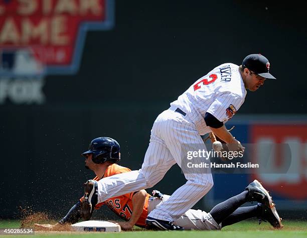 Jose Altuve of the Houston Astros steals second base as Brian Dozier of the Minnesota Twins fields the ball during the first inning of the game on...